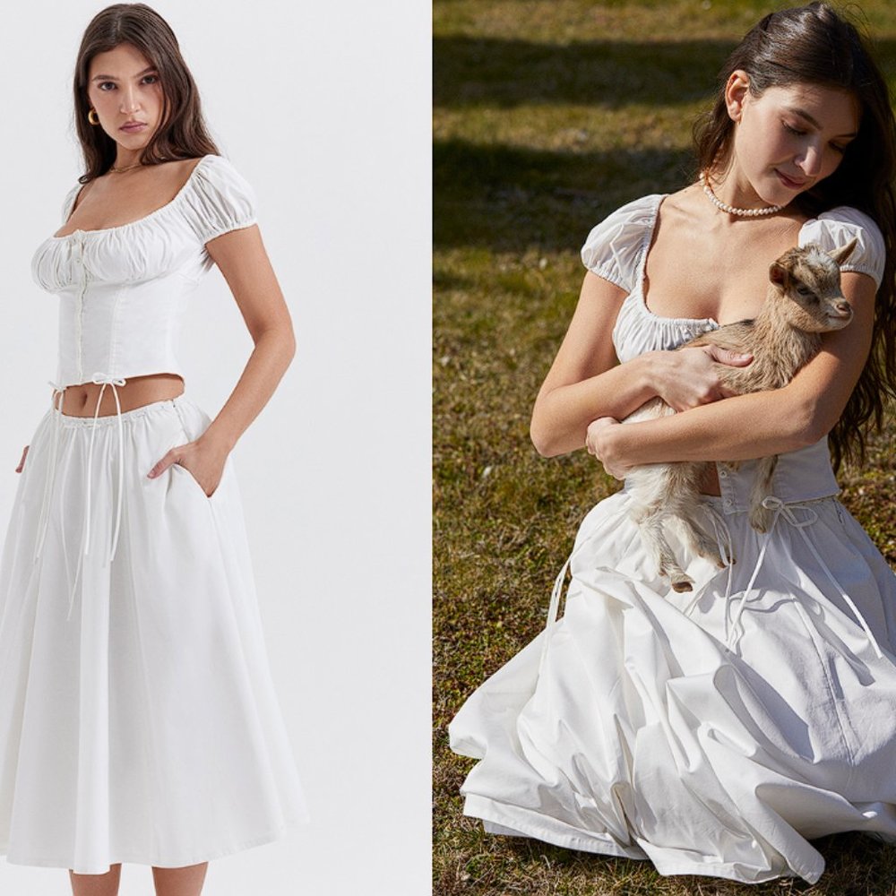 HOUSE OF CB 'Kitty' & 'Cora' White Gathered Midi Skirt Set NWOT